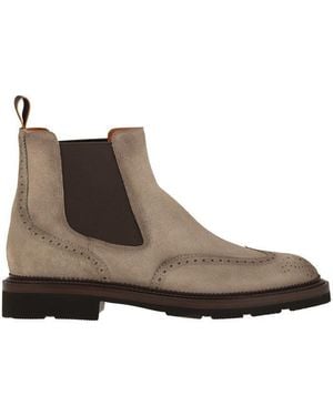 Santoni Chelsea Brogue Suede Ankle Boot - Brown