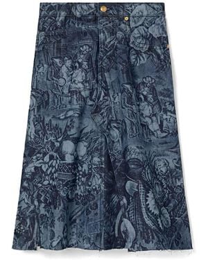 Tory Burch Printed Deconstructed Denim Skirt - Blue