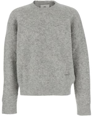 Ami Paris Crew Neck Sweater With Lettering Logo - Gray