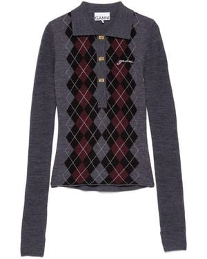 Ganni Anthracite Long-Sleeve Polo Shirt - Black