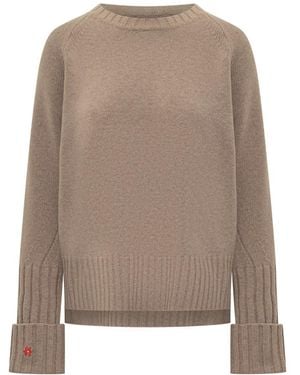 Tory Burch Ory Burch Wool Sweater With Embroidered Logo - Brown