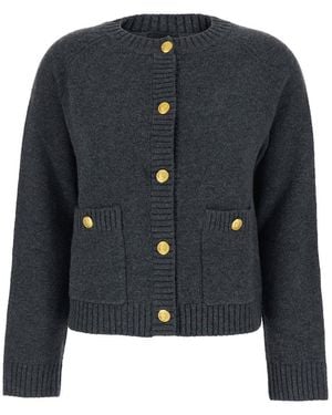 Plain Dark Crewneck Cardigan With Jewel Buttons And Two Front Patch Pockets - Blue