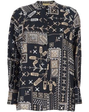 Momoní Black Shirt With All-over Print And Stand-up Collar In Silk Woman