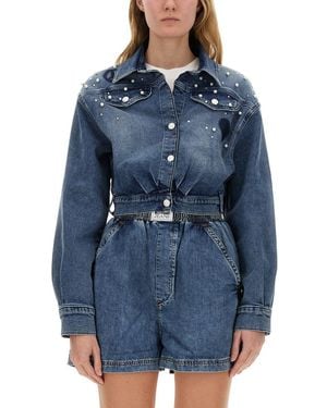 Moschino Pearl-Accented Denim Shirt With Belted Waist - Blue