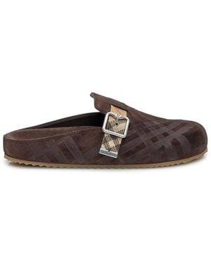 Burberry Suede Sabot With Buckle Check - Brown