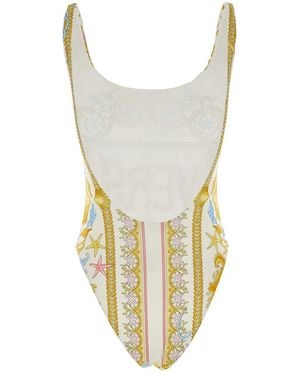 Versace One-Piece Swimsuit With Underwater Barocco Print And Open Rear - White