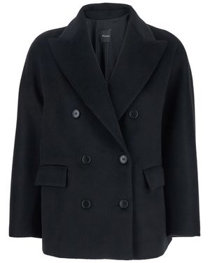 Plain Black Double-breasted Jacket With Peak Revers In Wool Woman - Blue