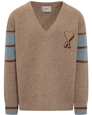 Ami Paris Sweater With Heart Logo - Brown