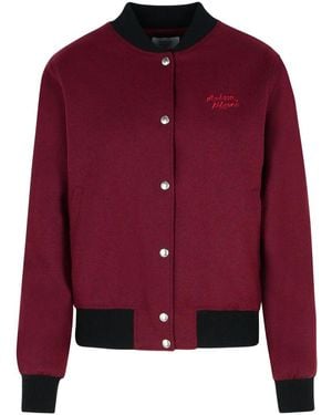 Maison Kitsuné 'Teddy' Burgundy Flannel Bomber Jacket - Red