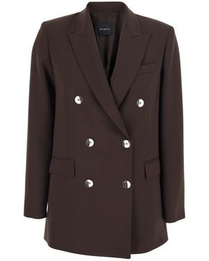 Plain Double-Breasted Jacket With Peak Revers - Brown