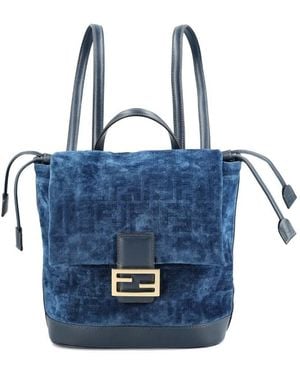 Fendi Flocked Ff Denim Backpack Bags - Blue