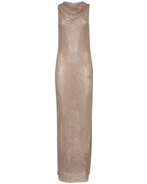 Self-Portrait Silver Rhinestone Drape Maxi Dress Clothing - Natural