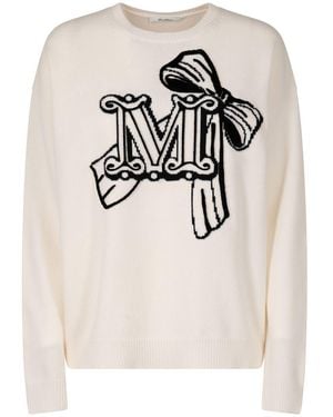 Max Mara Wool And Cashmere Pullover With Velvet Effect Embroidery - Natural