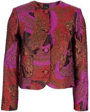 Plain Fuchsia Collarless Jacket With All-Over Broccato Motif - Red