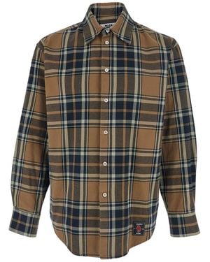 MSGM Shirt With Logo Patch On The Front And All-Over Check Motif - Grey