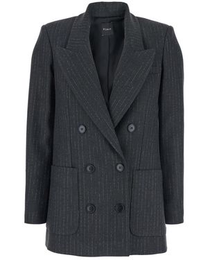Plain Striped Double Breasted Blazer - Black