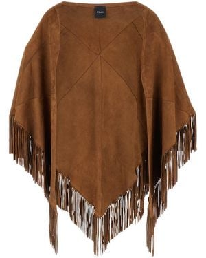 Plain 'elena' Brown Cape With Fringes In Suede Woman