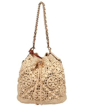 Tory Burch Monogrammed Raffia Bucket Bag - Metallic