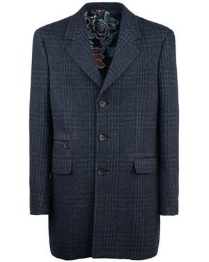 Etro Blue Wool Plaid Coat