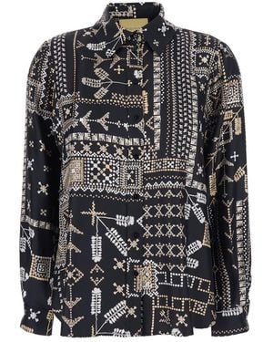 Momoní Black Shirt With All-over Print And Pointed Collar In Silk Woman
