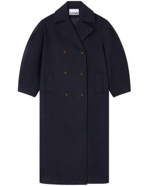 Ganni Double-Breasted Long Coat - Blue