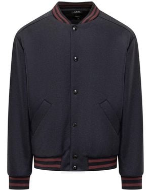 A.P.C. Blue Wool Bomber Jacket With Striped Details Apc