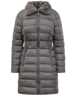 Michael Kors Gray Long Down Jacket With Belt And Fur Collar