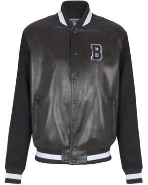 Balmain Varsity Leather Bomber Jacket - Gray