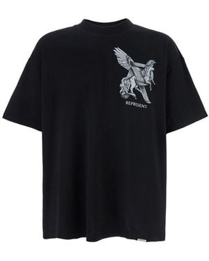 Represent 'elegance Unicorn' Black Crewneck T-shirt With Logo Print On The Front And Maxi Print On The Rear In Cotton Man