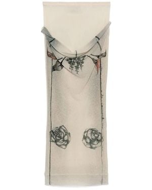 Jean Paul Gaultier Mesh Skirt Double Layer Printed "Tattoo Rose & Bird - Natural