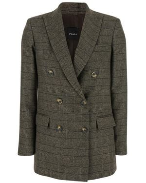 Plain Double-Breasted Jacket With Peak Revers And All-Over Striped Motif - Green