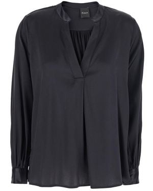 Plain Blouse With V Neck And Buttoned Cuffs - Black
