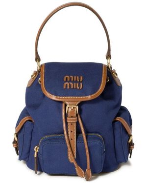 miu miu ネイビー リュック Cornflower Blue/brandy Canvas And Leather Backpack | Miu Miu