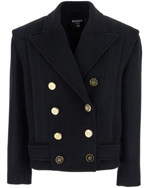 Balmain Buttoned Wool Peacoat - Blue