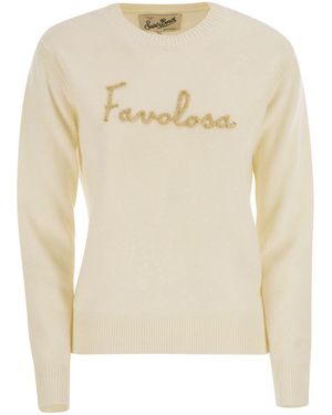 Mc2 Saint Barth Wool And Alpaca Blend Sweater With Favolosa Embroidery - Natural