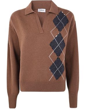 Mrz Long Sleeve Intarsia Knit Polo - Brown