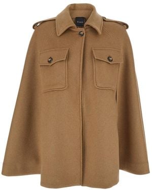 Plain Cape With Classic Collar And Front Button Closure - Brown