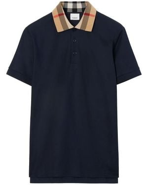 Burberry Slim Fit Check Collar Cotton Polo Shirt - Blue
