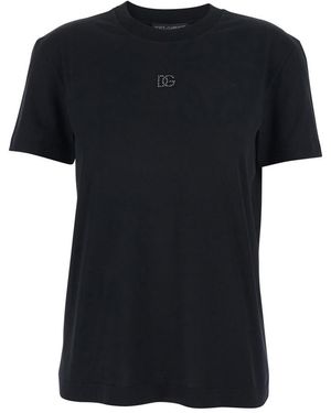 Dolce & Gabbana Crewneck T-Shirt With Logo Embroidery With Beads On The Front - Black