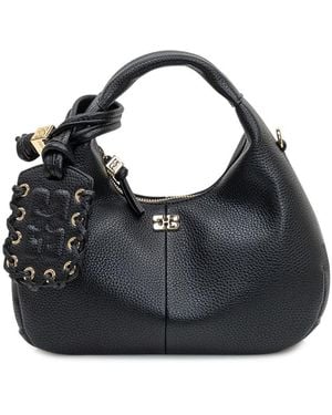 Ganni Leather Hobo Bag With Braided Charm - Black