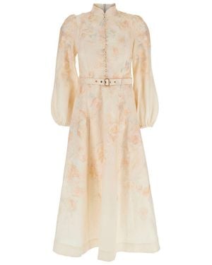 Zimmermann Crush' Midi Dress With Puffed Sleeves - Natural