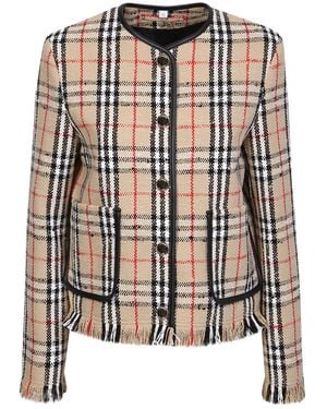 Burberry Vintage Check Boucle Collarless Leather-trim Wool-blend Jacket - Brown