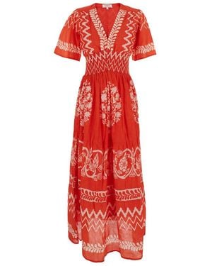 Rene' Derhy Orange Long Dress With V-neck And All-over Graphic Print In Cotton Woman - Red