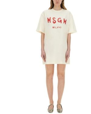 MSGM Short Dress With Logo - White