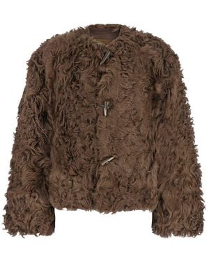 Plain Collarless Lamb Fur Jacket - Brown
