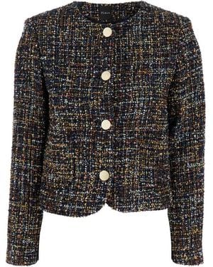Plain Multicolor Jacket With Round Neck And Front Button Closure In Tweed Woman - Black