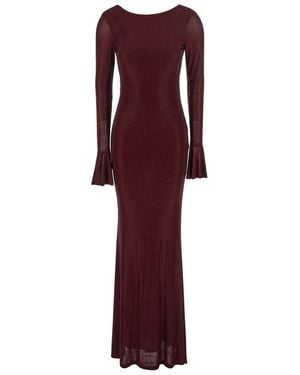 Twentyfourhaitch Bordeaux Long Dress With Round Neckline And Rhinestone Decorations - Purple