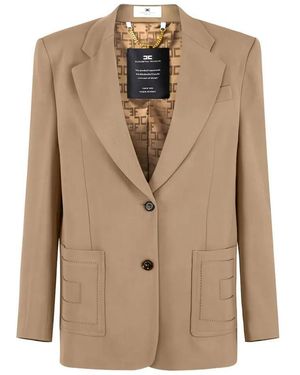 Elisabetta Franchi Single-Breasted Gabardine Blazer With Embroidered Pockets - Natural