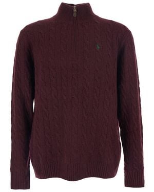 Polo Ralph Lauren Bordeaux Cable Knit Sweater With Half Zip Closure And Pony Embroidery On The Front - Red