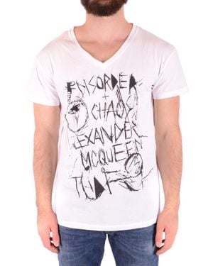 McQueen Printed V-Neck Short Sleeve Cotton T-Shirt - White